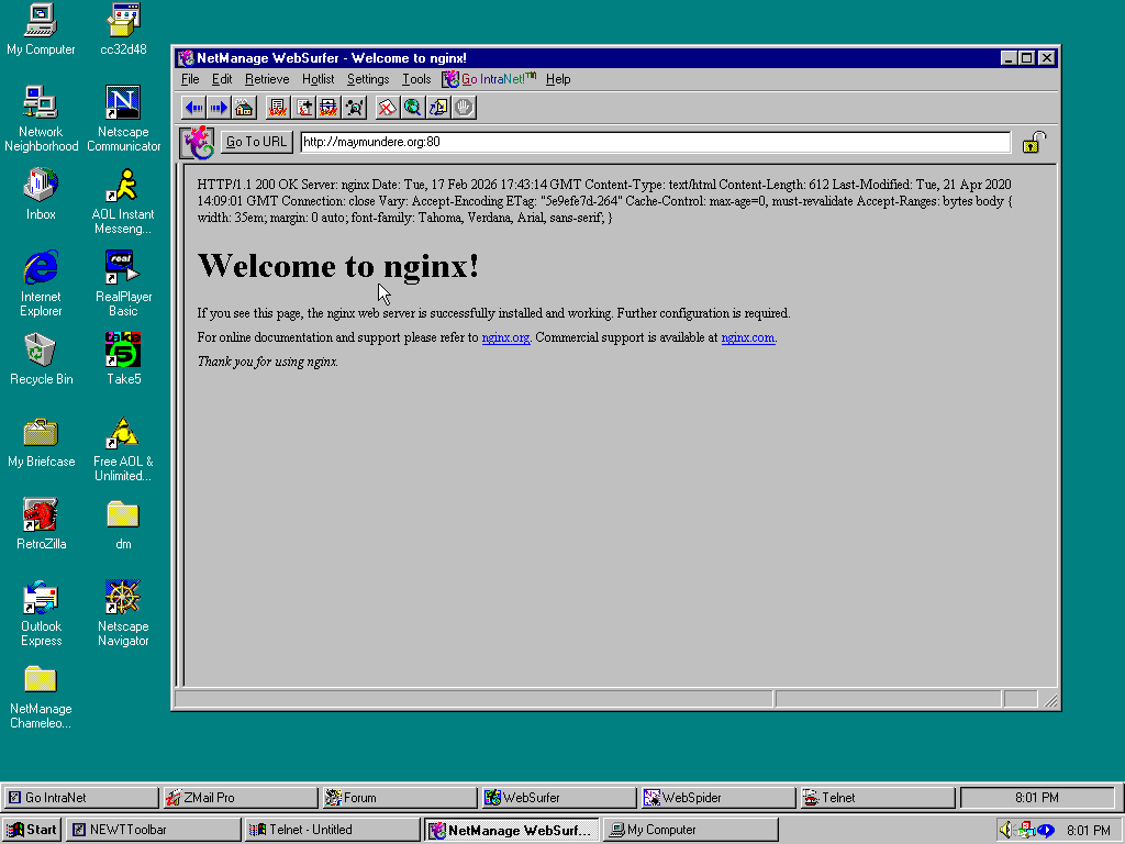 websurfer showing the default nginx welcome page when loading maymundere.org